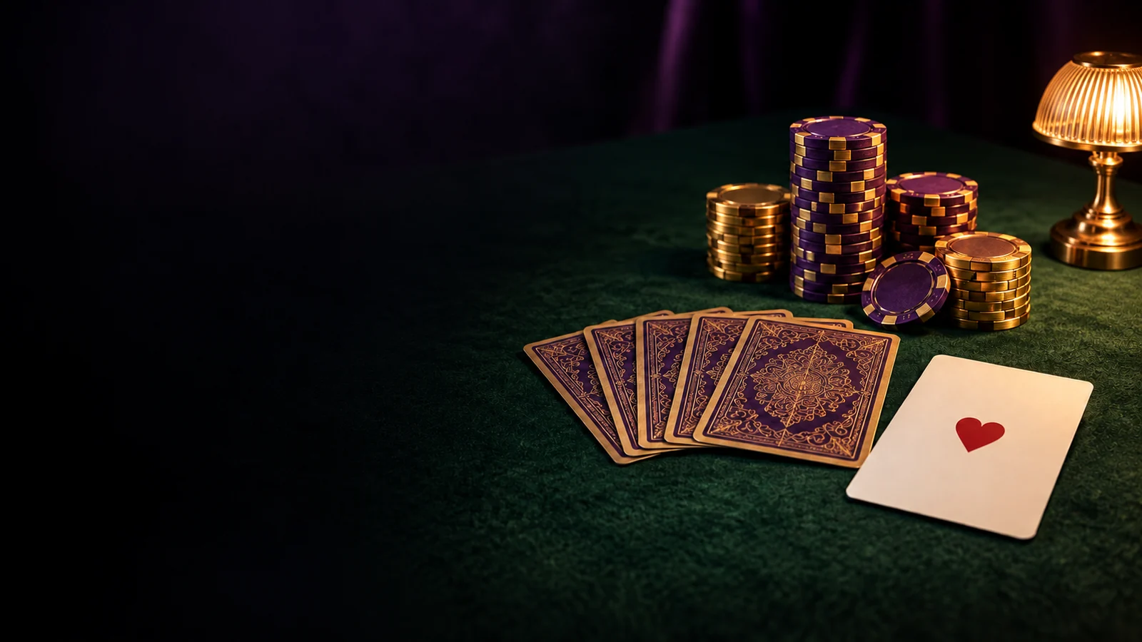 Casino chips stacked beside a fanned hand of cards on green felt