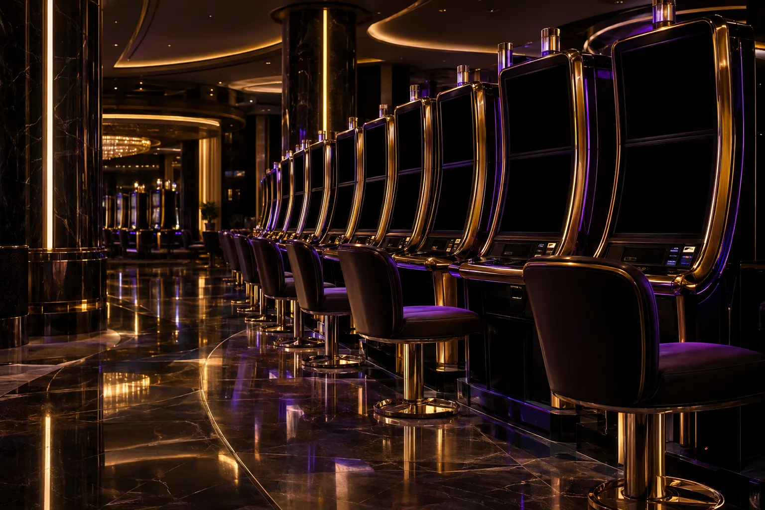 Rows of pokie machines lit up across a casino floor