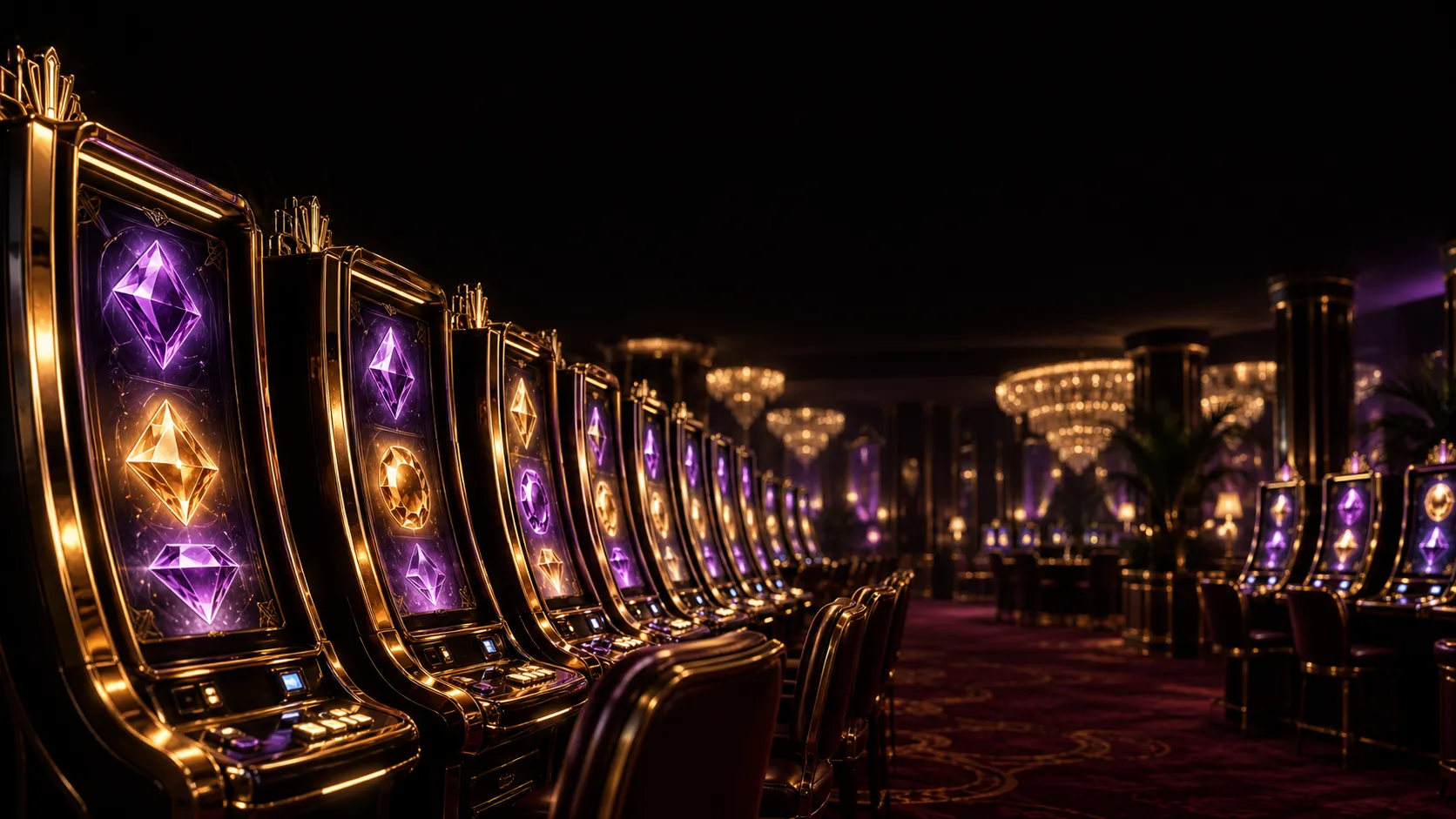 Row of glowing pokie machine cabinets in a dim casino hall
