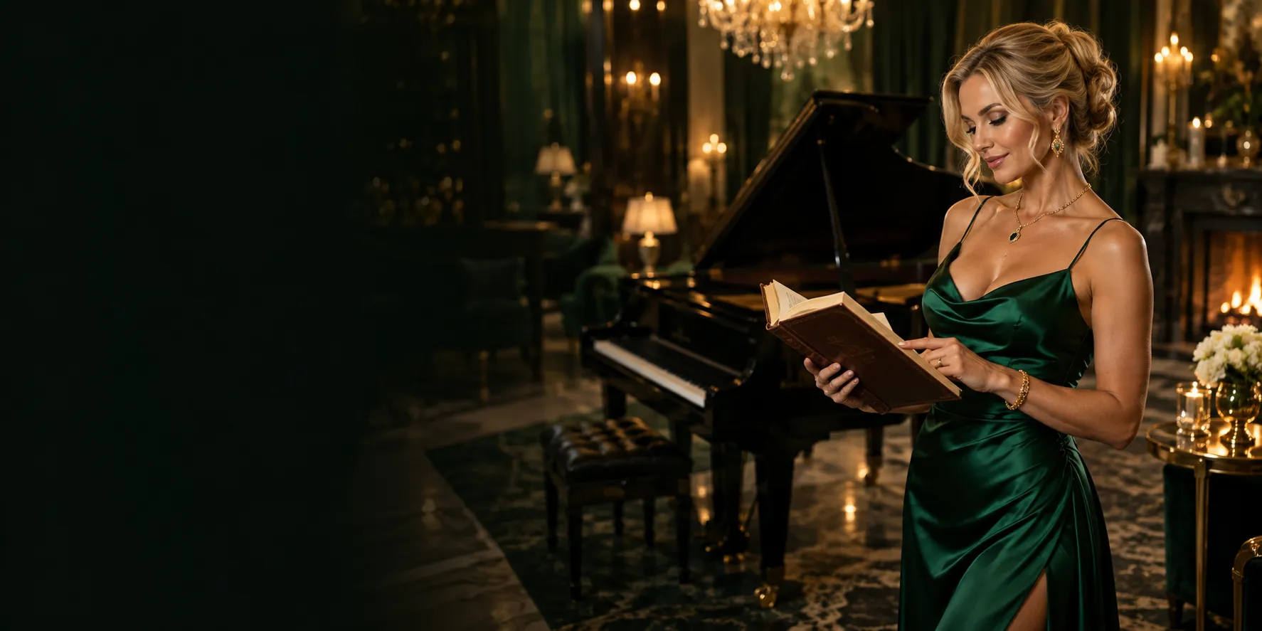 Woman reading a leather-bound book beside a grand piano
