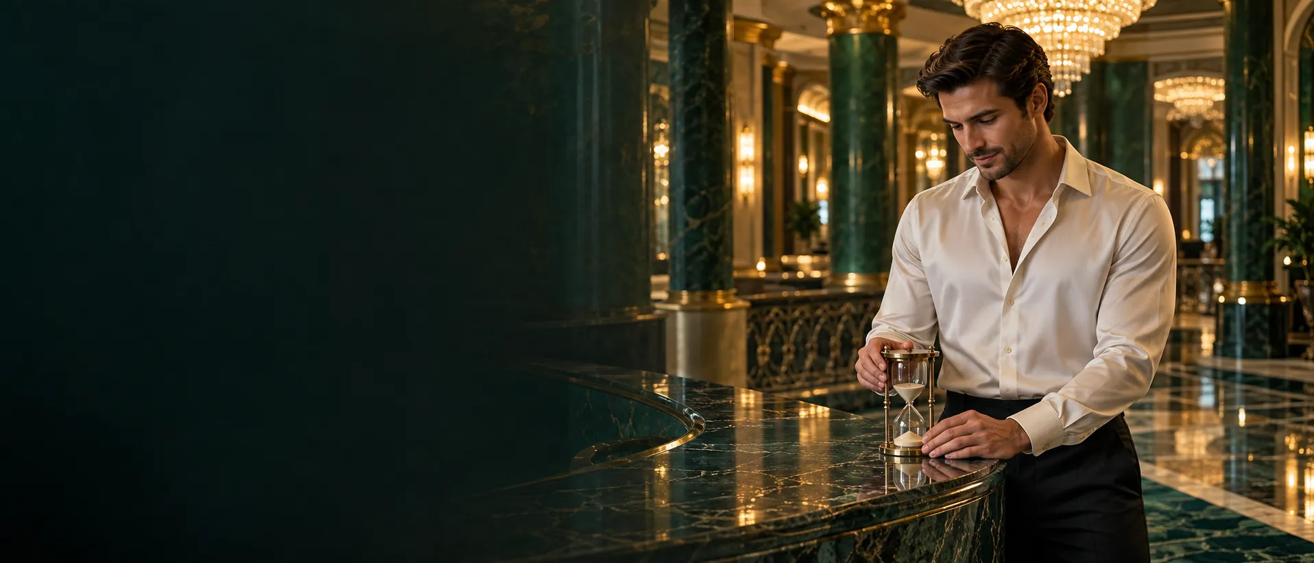 Man watching an hourglass calmly in a casino atrium