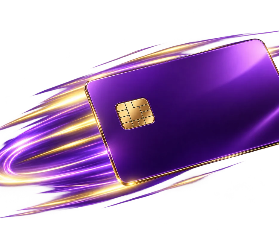 Purple Mastercard-style card used for Here2Win Casino card withdrawals