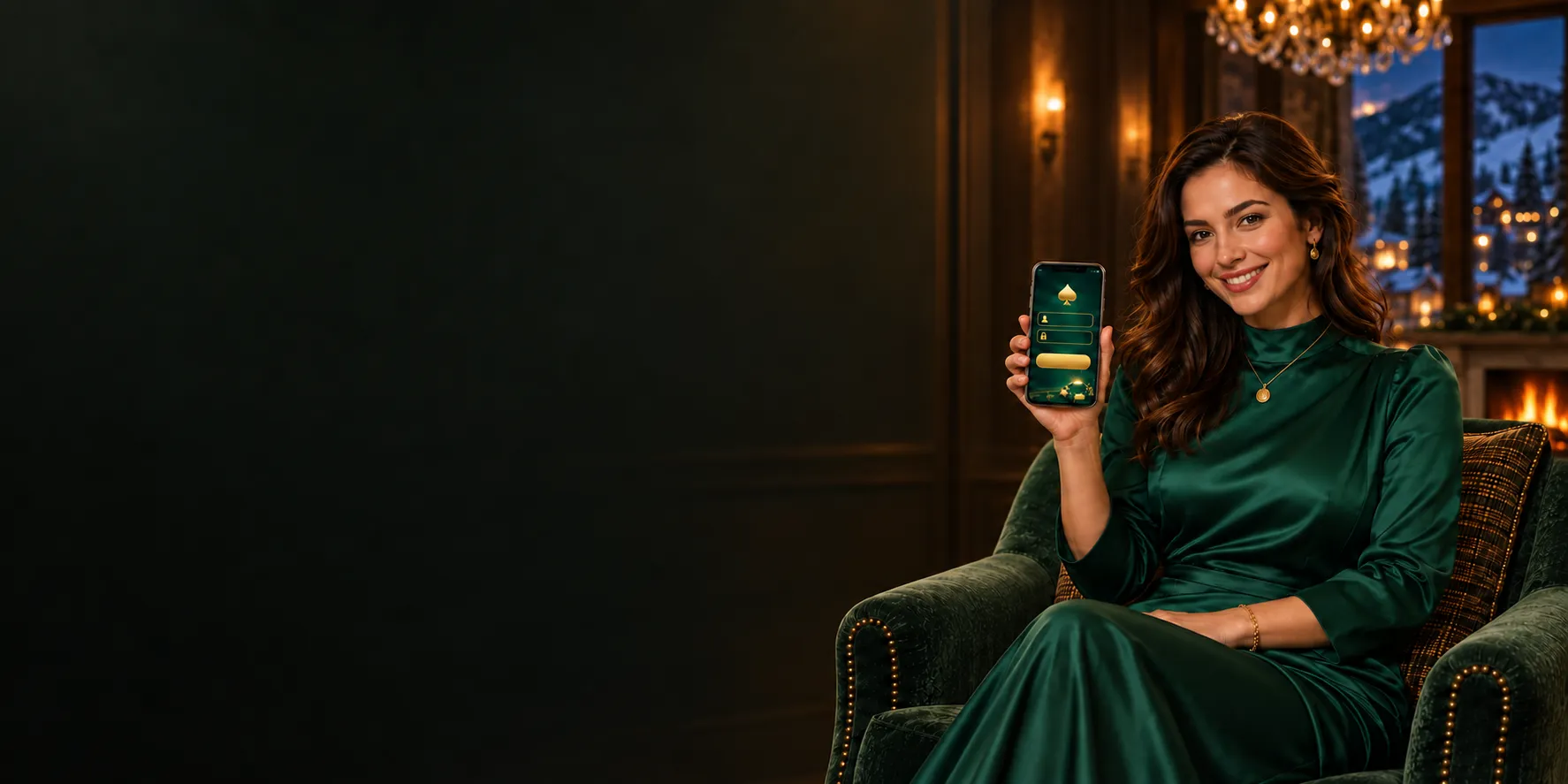 Woman in an emerald dress holding a phone showing a casino sign-in screen in an alpine lodge lounge