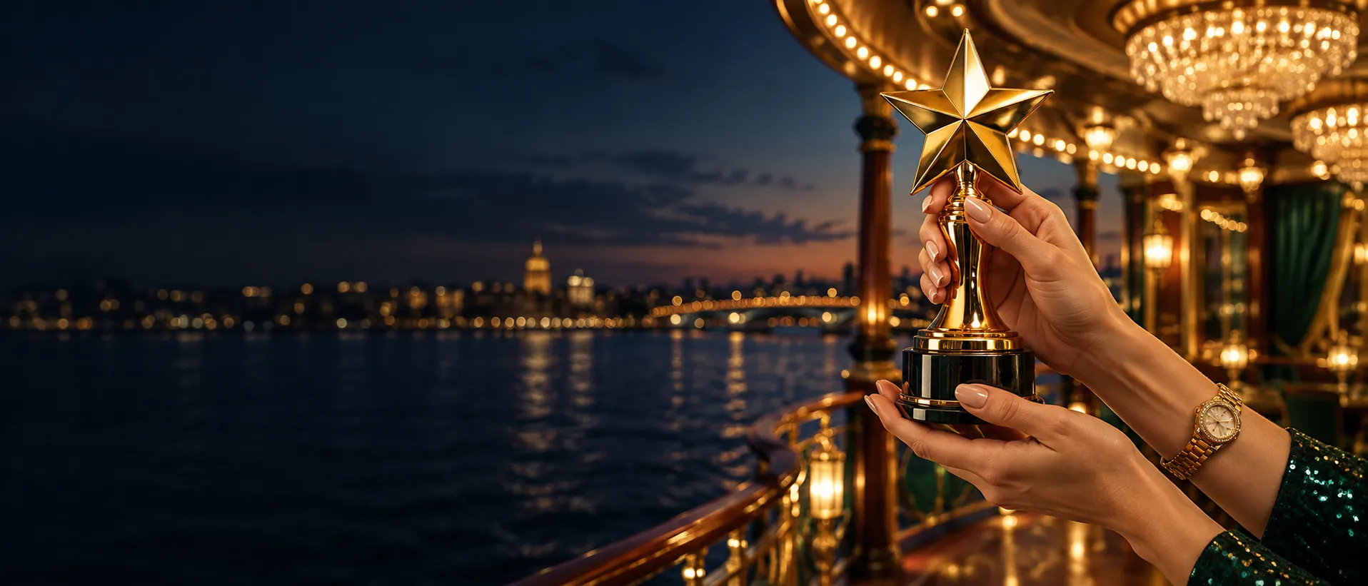 Hands holding a small gold star trophy on a riverboat casino deck at dusk