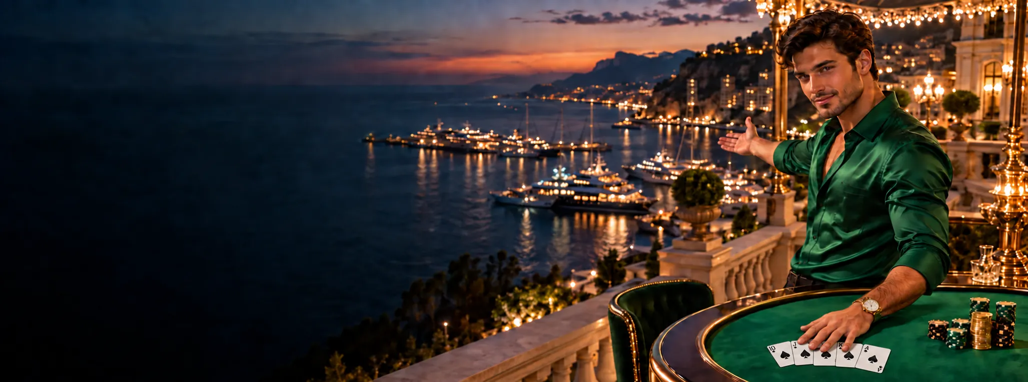 Man at a riviera poker table overlooking a yacht harbour, fanning a winning hand of cards