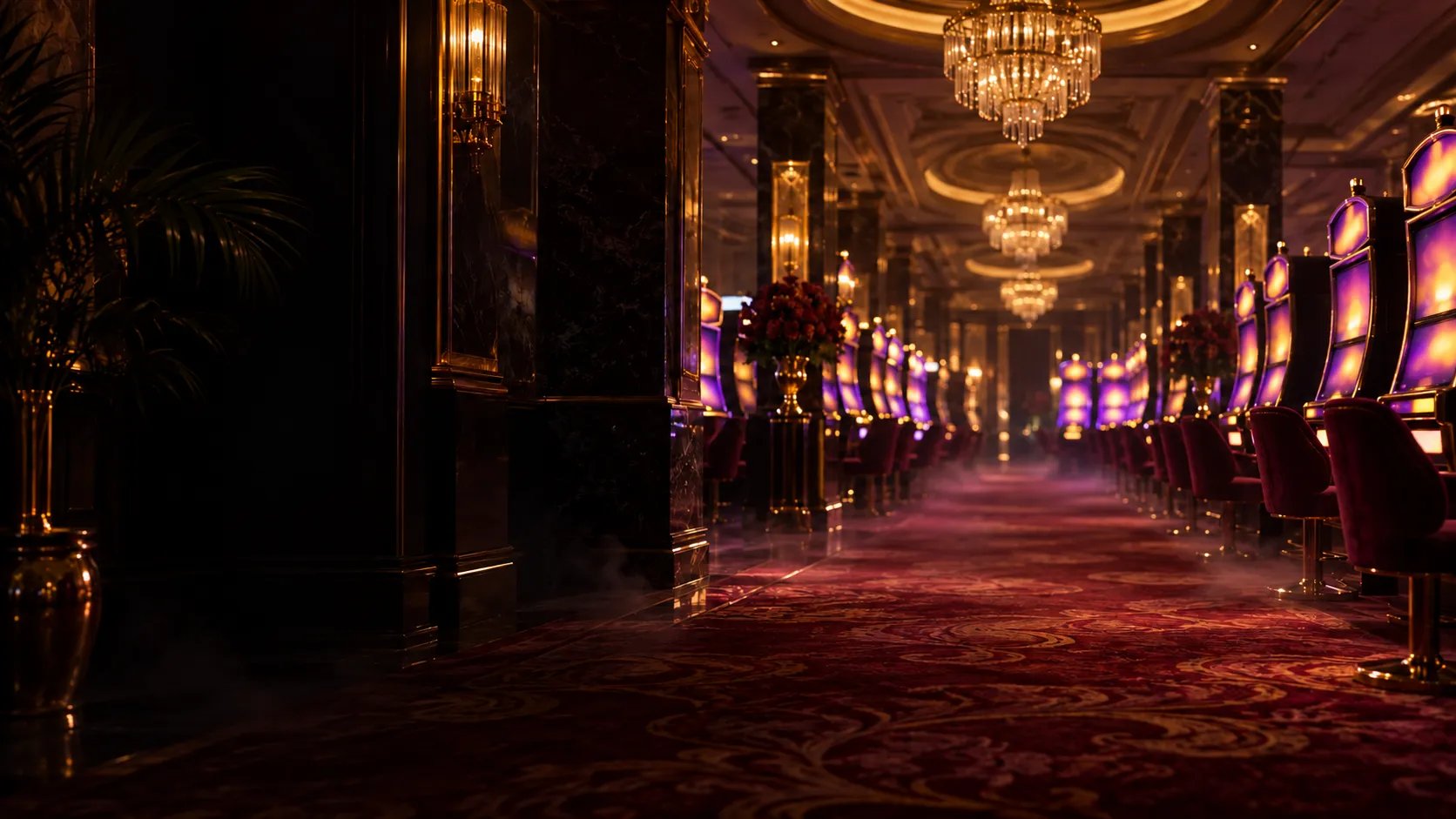 Glowing rows of slot cabinets across a casino floor