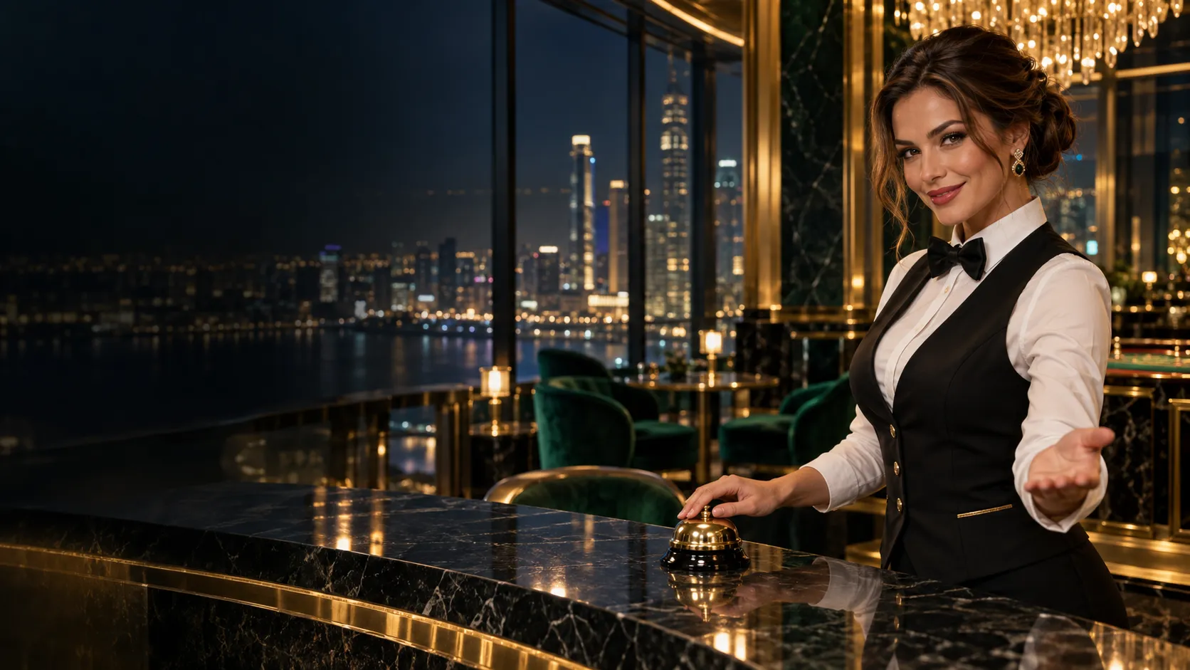 Croupier beside a concierge bell in a glass sky lounge, ready to help with quick casino questions